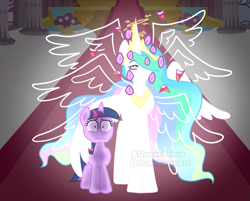 Size: 2277x1830 | Tagged: safe, artist:queertrixie, imported from derpibooru, princess celestia, twilight sparkle, alicorn, pony, seraph, unicorn, be not afraid, biblically accurate angels, duo, duo female, female, filly, foal, glowing, horror, mare, multiple eyes, multiple wings, unicorn twilight