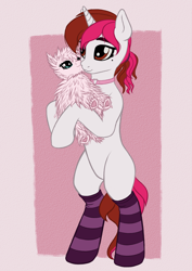 Size: 2894x4093 | Tagged: safe, artist:koshakevich, imported from derpibooru, oc, oc only, oc:fluffle puff, oc:vetta, pony, unicorn, abstract background, bipedal, choker, clothes, female, fluffle puff plushie, mare, plushie, smiling, socks, solo, striped socks