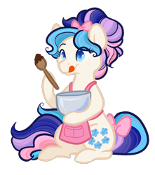 Size: 1810x2048 | Tagged: safe, artist:howdyhorsey, imported from derpibooru, gingerbread, earth pony, pony, twinkle eyed pony, apron, baking, blue eyes, bow, bowl, clothes, g1, g1 to g4, g4, generation leap, hair bow, hair bun, licking, licking lips, mixing bowl, multicolored mane, pink bow, simple background, sitting, solo, sparkly eyes, spoon, stylized, tail, tail bow, tongue out, transparent background, white coat, wingding eyes