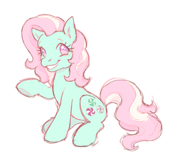 Size: 995x954 | Tagged: safe, artist:fluttershyes, imported from derpibooru, minty, earth pony, pony, cute, eyelashes, female, g3, green coat, mare, mintabetes, pastel, pink eyes, pink hair, raised hoof, simple background, sitting, solo, white background