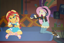 Size: 1024x684 | Tagged: safe, artist:emeraldblast63, imported from derpibooru, fluttershy, sunset shimmer, equestria girls, equestria girls series, game stream, spoiler:eqg series (season 2), angry, clothes, clothes swap, controller, converse, couch, dress, feet, flutterrage, game stream outfit, gamershy, headset, lace sandals, lidded eyes, looking at something, role reversal, sandals, shoes, smugset shimmer, speaker