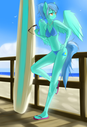 Size: 2750x4000 | Tagged: safe, artist:rolo, imported from derpibooru, oc, oc only, oc:marina, anthro, bird, pegasus, plantigrade anthro, 2012, beach, belly button, bikini, bikini bottom, bikini top, breasts, cleavage, clothes, female, flip-flops, hand on hip, jewelry, leaning, lidded eyes, necklace, ocean, sand, spread wings, sunglasses, surfboard, swimsuit, water, wings