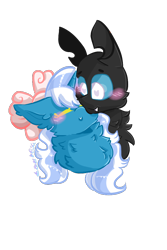 Size: 640x960 | Tagged: safe, artist:stinkygooby, imported from derpibooru, oc, oc:fleurbelle, oc:uni(unidentified), changeling, adorabelle, blushing, bow, changeling oc, chest fluff, cute, ear fluff, hair bow, ocbetes, simple background, transparent background