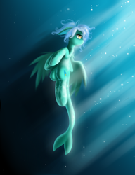 Size: 2144x2797 | Tagged: safe, artist:rolo, imported from derpibooru, oc, oc only, oc:marina, merpony, pegasus, crepuscular rays, female, lidded eyes, mare, solo, underwater, water, wings