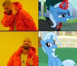 Size: 868x746 | Tagged: safe, artist:thegreatguy2000, edit, imported from derpibooru, screencap, trixie, human, pony, unicorn, a horse shoe-in, magic duel, alicorn amulet, aura, drake, evil trixie, glowing, glowing horn, horn, hotline bling, irl, irl human, magic, meme, photo, solo