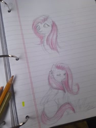 Size: 1536x2048 | Tagged: safe, artist:nileagalin, imported from derpibooru, fluttershy, pegasus, pony, eyes closed, female, lined paper, mare, paper, pencil, sketch, solo, traditional art