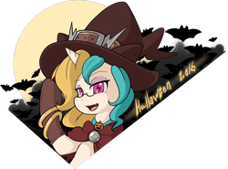 Size: 2459x1821 | Tagged: safe, artist:rolo, imported from derpibooru, oc, oc only, oc:sunset rose, bat, pony, unicorn, 2016, belt buckle, bracelet, cloak, clothes, costume, eyeshadow, fangs, female, female focus, gloves, halloween, halloween costume, hat, holiday, jewelry, lidded eyes, looking at you, makeup, mare, open mouth, open smile, overwatch, simple background, smiling, solo, transparent background, two toned mane, witch hat