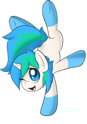 Size: 2000x2840 | Tagged: safe, artist:rolo, imported from derpibooru, oc, oc only, pony, unicorn, 2012, female, handstand, looking at you, mare, one eye closed, open mouth, open smile, simple background, smiling, solo, underhoof, upside down, white background, wink, winking at you