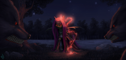 Size: 2000x957 | Tagged: safe, artist:1jaz, imported from derpibooru, oc, oc only, bat pony, pony, wolf, bat pony oc, digital art, digital painting, fight, forest, imminent pain, magic, night, not fluttershy, red eyes, stars, tree, trio