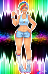 Size: 660x1020 | Tagged: safe, artist:bumblebun, imported from derpibooru, rainbow dash, human, belly button, clothes, cutie mark, cutie mark on clothes, female, hand on hip, humanized