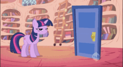 Size: 960x527 | Tagged: safe, imported from ponybooru, screencap, spike, twilight sparkle, dragon, pony, unicorn, animated, back and forth, door, duo, female, gif, golden oaks library, loop, mare, moonwalk, perfect loop, silly, spike is not amused, twilight is not amused, unamused, unicorn twilight