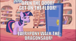 Size: 960x527 | Tagged: safe, edit, edited screencap, editor:undeadponysoldier, imported from ponybooru, screencap, spike, twilight sparkle, dragon, pony, unicorn, boast busters, animated, back and forth, caption, door, edited gif, gif, golden oaks library, image macro, loop, meme, moonwalk, parody, perfect loop, song parody, song reference, text, unicorn twilight, walk the dinosaur, walking, was (not was)