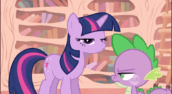 Size: 960x527 | Tagged: safe, imported from ponybooru, screencap, spike, twilight sparkle, dragon, pony, unicorn, boast busters, animated, back and forth, female, gif, golden oaks library, loop, male, mare, moonwalk, perfect loop, spike is not amused, twilight is not amused, unamused, unicorn twilight
