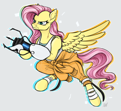 Size: 1500x1370 | Tagged: safe, artist:mechanakal, imported from derpibooru, fluttershy, pegasus, pony, angry, badass, bandage, bandaged leg, bipedal, chell, clothes, female, fluffy, flutterbadass, frown, glare, hoof hold, jumping, jumpsuit, mare, portal (valve), portal gun, signature, simple background, solo, spread wings, standing on two hooves, tanktop, wings