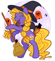 Size: 640x701 | Tagged: safe, artist:howdyhorsey, imported from derpibooru, abra-ca-dabra, earth pony, ghost, pony, undead, braid, broom, candy, candy corn, cloak, clothes, costume, eyes closed, food, g3, halloween, halloween costume, happy, hat, holding, holiday, purple coat, rearing, simple background, solo, spider web, transparent background, twin braids, witch, witch hat, yellow mane