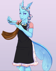 Size: 680x858 | Tagged: safe, artist:askbubblelee, imported from derpibooru, oc, oc only, oc:imago, anthro, changedling, changeling, unguligrade anthro, anthro oc, changedling oc, changeling oc, clothes, digital art, ear piercing, earring, fangs, female, hair, haircut, jewelry, offscreen character, piercing, scissors, smiling, solo, what if