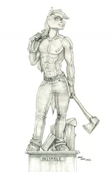 Size: 907x1397 | Tagged: safe, artist:baron engel, imported from derpibooru, part of a set, big macintosh, anthro, earth pony, axe, clothes, male, monochrome, part of a series, partial nudity, pencil drawing, solo, stallion, statue, topless, traditional art, weapon