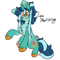 Size: 2000x2000 | Tagged: safe, artist:alicornfluttershy, imported from derpibooru, lyra heartstrings, pony, unicorn, alternate design, bangs, blue coat, blushing, chest fluff, colored hooves, ear piercing, earring, eye clipping through hair, g4, gold hooves, hooves, implied lesbian, implied lyrabon, implied shipping, jewelry, multicolored hair, piercing, redesign, ring, simple background, sitting, smiling, solo, stylized, unshorn fetlocks, wedding ring, white background, yellow eyes