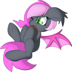 Size: 3316x3316 | Tagged: safe, artist:rolo, imported from derpibooru, oc, oc only, bat pony, pony, 2014, biting, coconut, ear fluff, fangs, female, food, mare, one eye closed, open mouth, simple background, solo, spread wings, underhoof, white background, wings