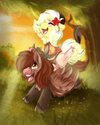 Size: 2000x2500 | Tagged: safe, artist:euspuche, imported from derpibooru, oc, oc only, earth pony, pegasus, pony, bull horns, clothes, cloven hooves, costume, female, flower, flower in hair, horns, male, mare, oc riding oc, particles, ponies riding ponies, riding, stallion, tree