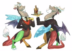 Size: 2263x1600 | Tagged: safe, artist:grecha, imported from derpibooru, discord, draconequus, alcohol, arm behind back, butler, clothes, dripcord, fangs, glass, looking back, male, platter, shot glass, simple background, smiling, solo, spread wings, suit, tail, white background, wings