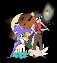 Size: 2929x3221 | Tagged: safe, artist:rolo, imported from derpibooru, oc, oc:sam, oc:sunset rose, anthro, bat, ferret, plantigrade anthro, pony, unicorn, 2017, baseball bat, cape, clothes, coat markings, costume, crescent moon, doorbell, duo, duo female, female, furry, furry oc, glasses, grin, halloween, halloween costume, hand on hip, hat, headset, holiday, lidded eyes, lightbulb, mare, moon, non-mlp oc, pants, scout, shirt, shoes, smiling, socks (coat markings), tail, trixie's cape, trixie's hat, unamused