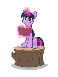 Size: 3071x4096 | Tagged: safe, artist:rolo, imported from derpibooru, twilight sparkle, pony, unicorn, adorkable, blushing, book, book title humor, bookhorse, cute, dork, eye clipping through hair, featured image, female, glowing, glowing horn, happy, high res, horn, levitation, magic, magic aura, mare, open mouth, open smile, reading, shadow, sidemouth, simple background, sitting, smiling, solo, telekinesis, tree stump, twiabetes, unicorn twilight, white background