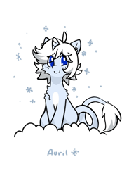 Size: 1508x2048 | Tagged: safe, artist:rolo, imported from derpibooru, oc, oc only, oc:auril avalanche, pony, unicorn, blushing, chest fluff, ear fluff, female, leonine tail, mare, shoulder fluff, sitting, smiling, snow, snowflake, solo, tail