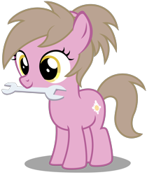 Size: 2670x3180 | Tagged: safe, artist:strategypony, imported from derpibooru, oc, oc only, oc:reppy, earth pony, pony, cute, earth pony oc, female, filly, foal, mouth hold, ponytail, simple background, transparent background, wrench
