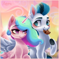 Size: 4000x4000 | Tagged: safe, artist:mishi_ovo, imported from derpibooru, princess celestia, oc, alicorn, pegasus, pony, canon x oc, commission, cookie, couple, duo, fanfic art, food, love, pegasus oc, shipping, ych result