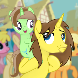 Size: 1920x1920 | Tagged: safe, artist:grapefruit-face, imported from derpibooru, applejack, cherry berry, oc, oc only, oc:grapefruit face, oc:limey lulamoon, pony, unicorn, crowd, father and child, father and daughter, female, filly, foal, looking at each other, looking at someone, male, offspring, parent:oc:grapefruit face, parent:trixie, parents:canon x oc, parents:grapexie, piggyback ride, show accurate, wholesome