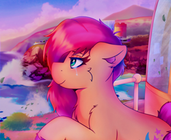 Size: 3020x2470 | Tagged: safe, artist:legionsunite, imported from derpibooru, sunny starscout, earth pony, pony, cliff, female, g5, happy, leaves, lighthouse, maretime bay, messy mane, my little pony: a new generation, ocean, scenery, sunrise, teary eyes, water, wave