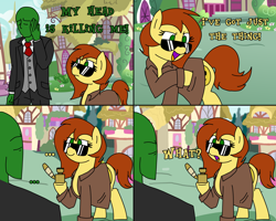 Size: 5000x4000 | Tagged: safe, artist:legendoflink, imported from derpibooru, oc, oc only, oc:anon, oc:postal mare, earth pony, human, pony, ..., 4 panel comic, absurd resolution, angry, clothes, comic, crack, crack pipe, dialogue, drugs, drugs are good for you, duo, earth pony oc, female, hoof hold, human oc, male, mare, necktie, open mouth, open smile, outdoors, pipe, ponyville, postal, postal 2, postal dude, rule 63, smiling, suit, sunglasses, trenchcoat