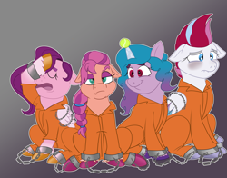 Size: 3000x2347 | Tagged: safe, artist:radicalhat, imported from derpibooru, izzy moonbow, pipp petals, sunny starscout, zipp storm, earth pony, pegasus, pony, unicorn, ball, bound wings, clothes, cuffed, cuffs, g5, izzy's tennis ball, prison outfit, prisoner im, shackles, tennis ball, varying degrees of want, wings