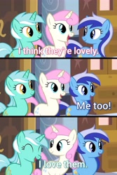 Size: 4096x6144 | Tagged: safe, imported from derpibooru, screencap, lyra heartstrings, minuette, twinkleshine, pony, unicorn, a canterlot wedding, season 2, eyes closed, female, meme, quote, smiling