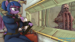 Size: 1196x674 | Tagged: safe, artist:robertwtf, imported from derpibooru, sci-twi, twilight sparkle, alicorn, anthro, fallout equestria, 3d, big breasts, bobblehead, breasts, clipboard, clothes, fallout, glasses, jumpsuit, nexgen, pipbuck, solo, source filmmaker, thinking, twilight sparkle (alicorn), vault, vault suit