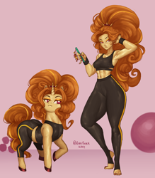 Size: 1540x1754 | Tagged: safe, artist:nire, imported from derpibooru, adagio dazzle, pony, unicorn, equestria girls, abs, acardio dazzle, adagio dat-azzle, arm behind head, armpits, biceps, charm, clothes, curvy, dumbbell (object), exercise ball, eyeshadow, feet, female, fit, gym, hairband, hoof polish, human ponidox, looking away, looking sideways, makeup, mare, midriff, muscles, muscular female, nail polish, pants, phone, self paradox, self ponidox, simple background, sports bra, sweat, toenail polish, weights, wide hips, wristband, yoga pants