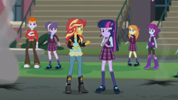 Size: 3410x1920 | Tagged: safe, imported from derpibooru, screencap, heath burns, sci-twi, sunset shimmer, suri polomare, twilight sparkle, equestria girls, friendship games, boots, canterlot high, clothes, crying, female, high heel boots, high res, jacket, leather, leather jacket, male, sad, shoes