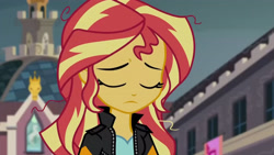 Size: 3410x1920 | Tagged: safe, imported from derpibooru, screencap, sunset shimmer, equestria girls, friendship games, canterlot high, clothes, eyes closed, female, high res, jacket, leather, leather jacket, solo