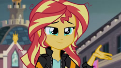 Size: 3410x1920 | Tagged: safe, imported from derpibooru, screencap, sunset shimmer, equestria girls, friendship games, canterlot high, clothes, female, high res, jacket, leather, leather jacket, smiling, solo