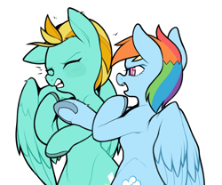 Size: 3600x3000 | Tagged: safe, alternate version, artist:sugarelement, imported from derpibooru, lightning dust, rainbow dash, pegasus, pony, bipedal, duo, emanata, eyes closed, fight, gritted teeth, meme, open mouth, punch, slap, textless version, underhoof, will smith slapping chris rock