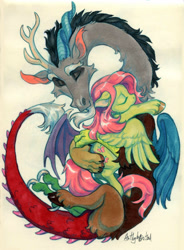 Size: 942x1280 | Tagged: safe, artist:bazted, imported from derpibooru, discord, fluttershy, draconequus, pegasus, discoshy, drawing, female, hug, hugging a pony, male, shipping, signature, straight, traditional art