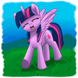 Size: 2000x2000 | Tagged: safe, artist:stellardust, imported from derpibooru, twilight sparkle, alicorn, pony, eyes closed, female, grass, happy, mare, smiling, solo, twilight sparkle (alicorn), walking