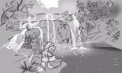 Size: 5000x3000 | Tagged: safe, artist:captainhoers, imported from derpibooru, oc, oc only, oc:light touch, pegasus, pony, duo, facing away, grayscale, hug, monochrome, oasis, water, waterfall