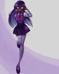 Size: 1080x1350 | Tagged: safe, artist:strawbunnyarts, imported from derpibooru, twilight sparkle, human, best pony, bowtie, clothes, dark skin, female, full body, g4, glasses, humanized, looking up, mary janes, purple eyes, shoes, simple background, skirt, smiling, socks, solo, sparkles, sweater vest, thigh highs, zettai ryouiki