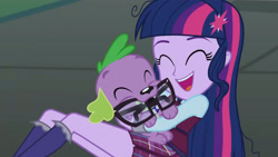 Size: 3410x1920 | Tagged: safe, imported from derpibooru, screencap, sci-twi, spike, spike the regular dog, twilight sparkle, dog, equestria girls, friendship games, ^^, cute, eyes closed, female, glasses, high res, hug, male, mouth hold, open mouth, open smile, smiling, spikabetes, twiabetes