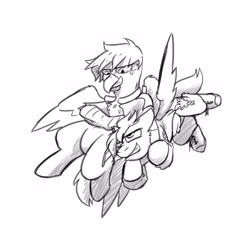 Size: 4000x4000 | Tagged: safe, artist:captainhoers, imported from derpibooru, oc, oc only, oc:concorde, griffon, pegasus, pony, duo, grayscale, griffon oc, grin, headlock, monochrome, noogie, offspring, parent:soarin', parent:spitfire, parents:soarinfire, simple background, smiling, white background