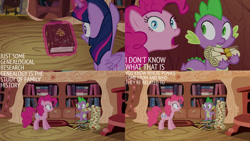 Size: 1280x720 | Tagged: safe, edit, edited screencap, editor:quoterific, imported from derpibooru, screencap, pinkie pie, spike, twilight sparkle, alicorn, dragon, earth pony, pony, pinkie apple pie, season 4, book, female, golden oaks library, magic, male, mare, open mouth, open smile, scroll, smiling, telekinesis, text, twilight sparkle (alicorn)