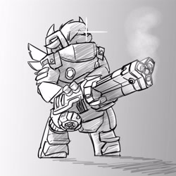 Size: 4000x4000 | Tagged: safe, artist:captainhoers, imported from derpibooru, oc, oc only, anthro, unguligrade anthro, yak, armor, deep rock galactic, glowing, glowing eyes, grayscale, gun, minigun, monochrome, solo, weapon, yak oc