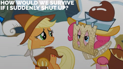 Size: 1280x720 | Tagged: safe, edit, edited screencap, editor:quoterific, imported from derpibooru, screencap, applejack, chancellor puddinghead, pinkie pie, smart cookie, earth pony, pony, hearth's warming eve (episode), season 2, duo, female, mare, snow, text